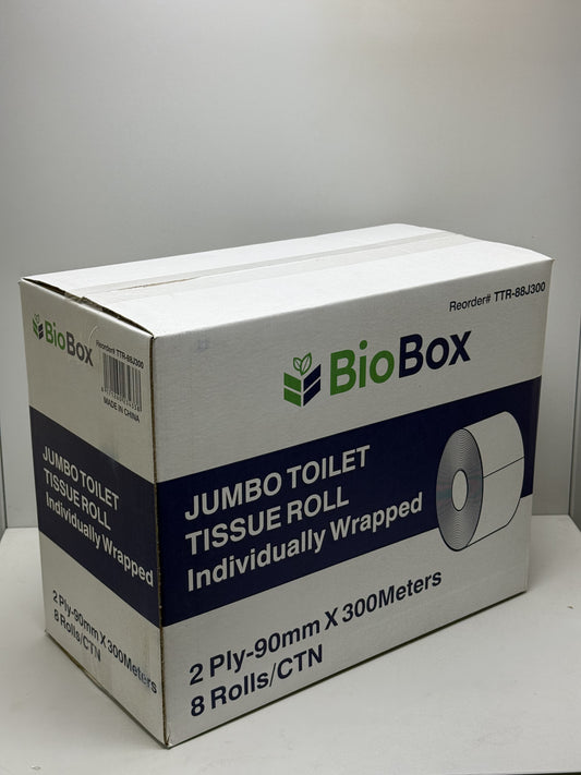 [TTR-88J300-PL] BioBox 2Ply JUMBO TOILET TISSUE
ROLL 90mm x 300M, 8 Rolls/PACK