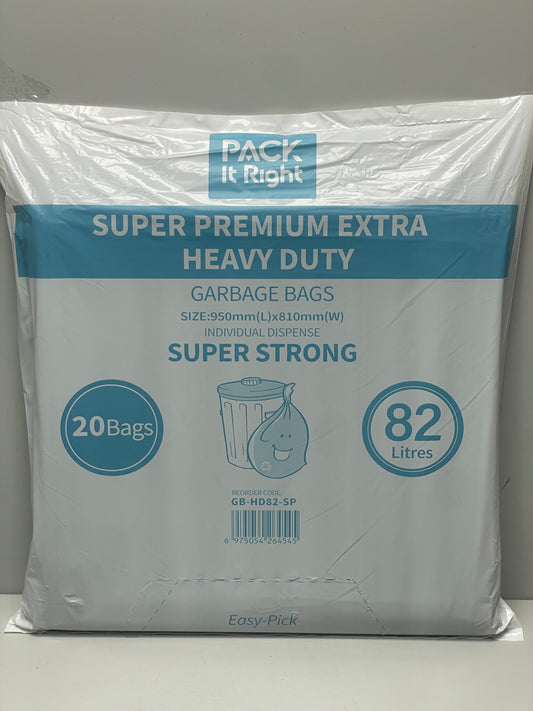 LDPE 82L Super Premium Extra
Heavy Duty Garbage Bags
810x950 , Star Seal, S or Z
fold, (200/CTN= 20X10packs )