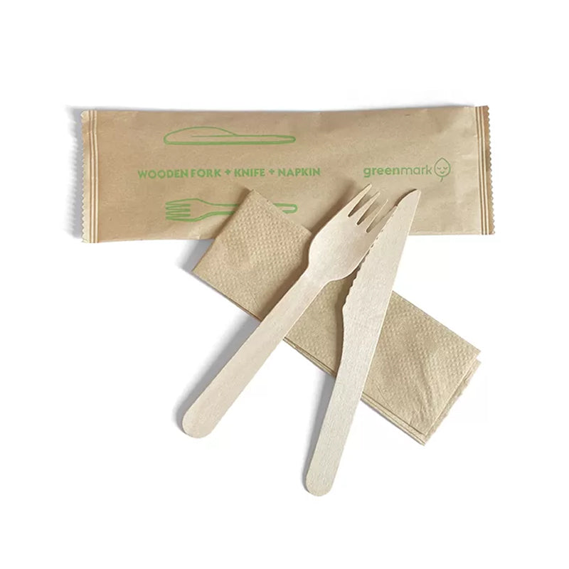 [HY-16KFN] 16cm Wood Knife, Fork & Napkin Set - FSC 100% - 400/carton